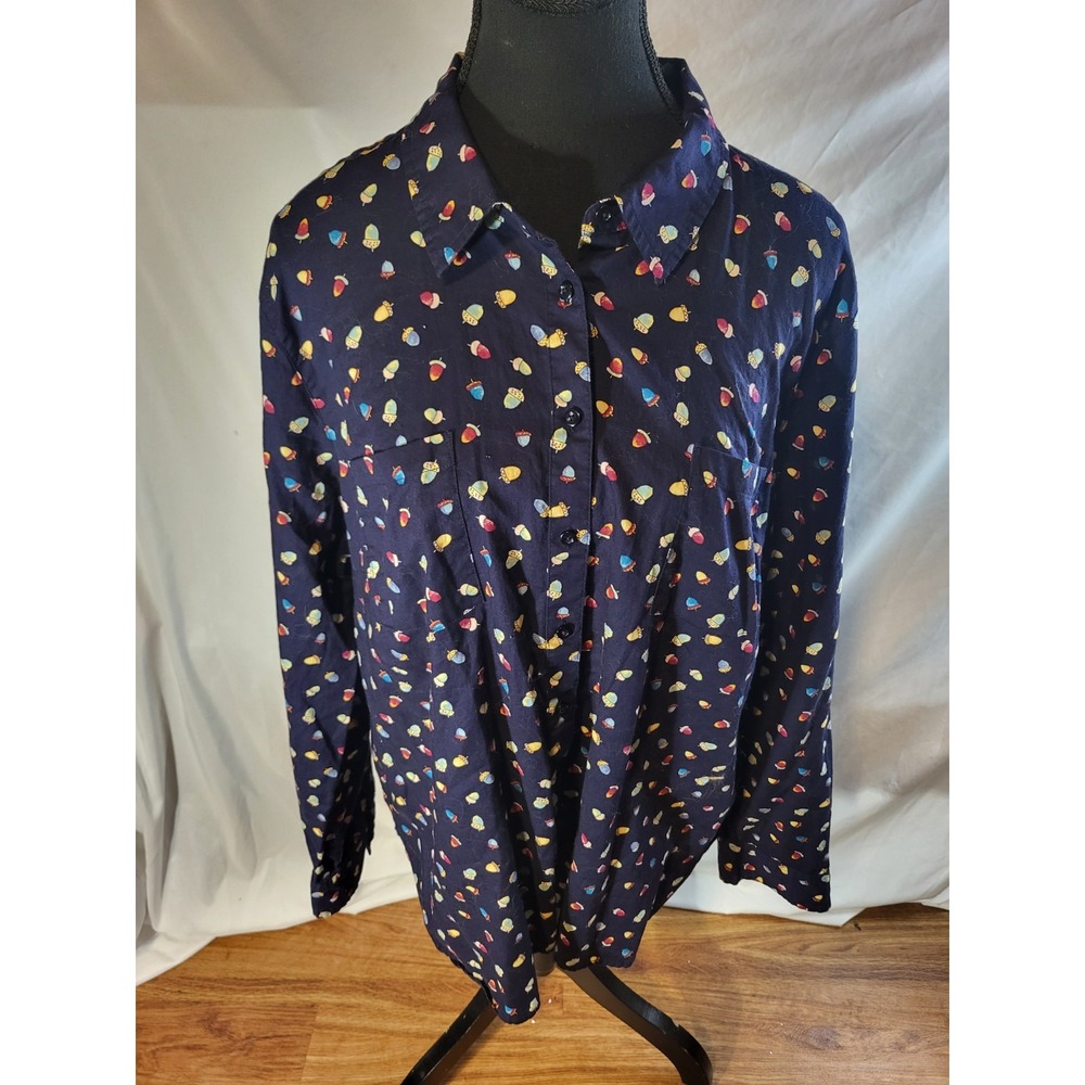 Talbots Button XL Womens Blue Acorn Print Long Sleeve Fall Quirky Whimsical